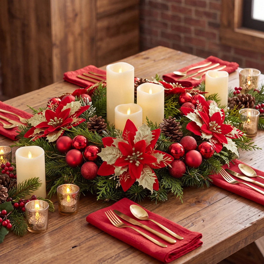 Glitter Poinsettia and Ball Ornament Set – 34 Pcs (Multicolor)