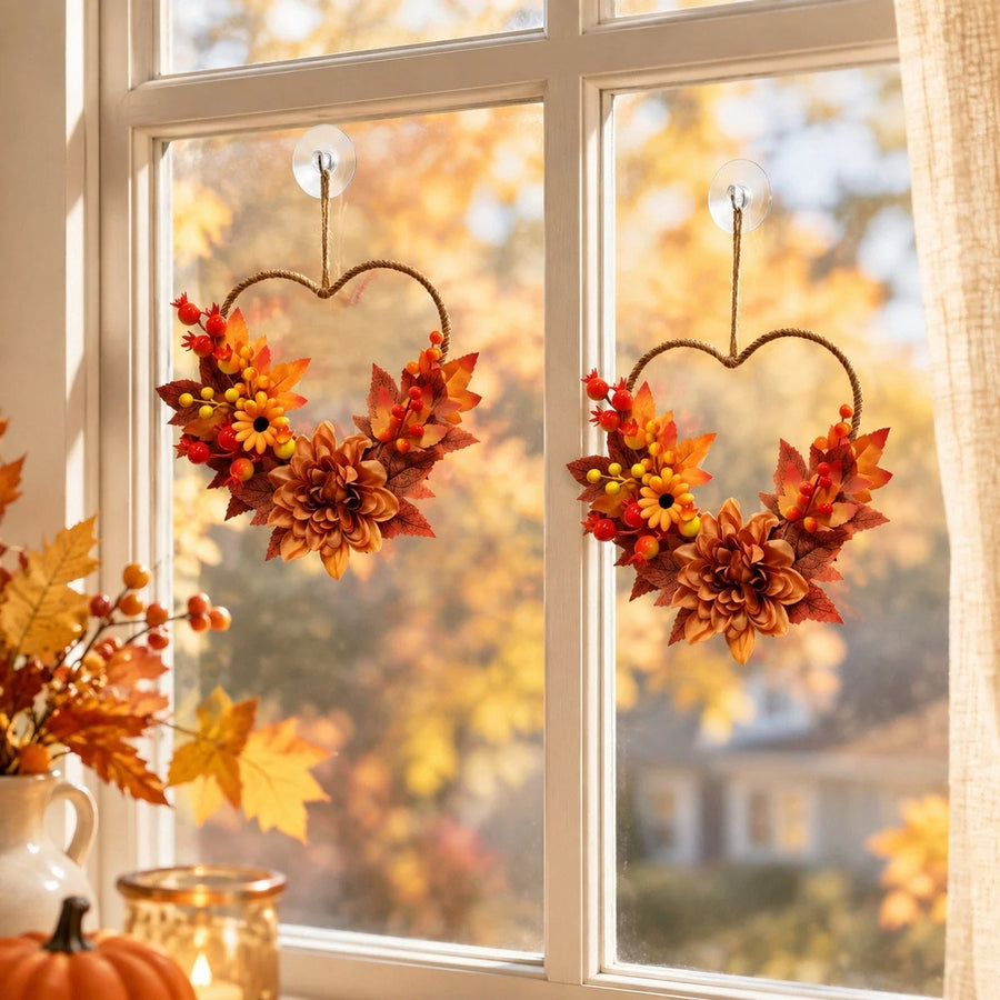2-Piece Heart-Shaped Maple Leaf Fall Wreath Set