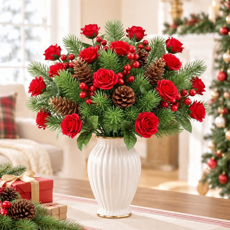Red Rose and Pine Berry Artificial Floral Pick Set