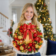 19.7-Inch Lighted Christmas Wreath with Red Bow