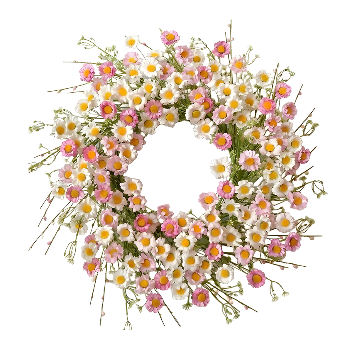Artificial daisy wreath with pink and white flowers for front door wall home garden and porch spring summer decoration