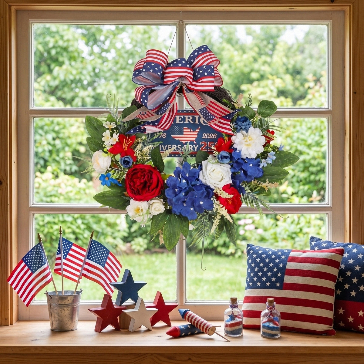 250th Anniversary Patriotic Wreath USA 1776-2026 | Red White Blue Rose & Flag Bow Front Door Decor for 4th of July Memorial Day Home Porch Wall Art