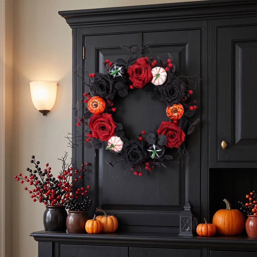 Halloween Black Welcome Wreath with Skeleton Hand