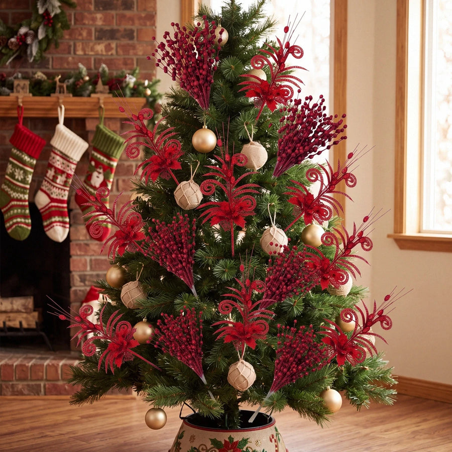 Glitter Berry Stem Ornament Set – 55 Pcs (Gold)