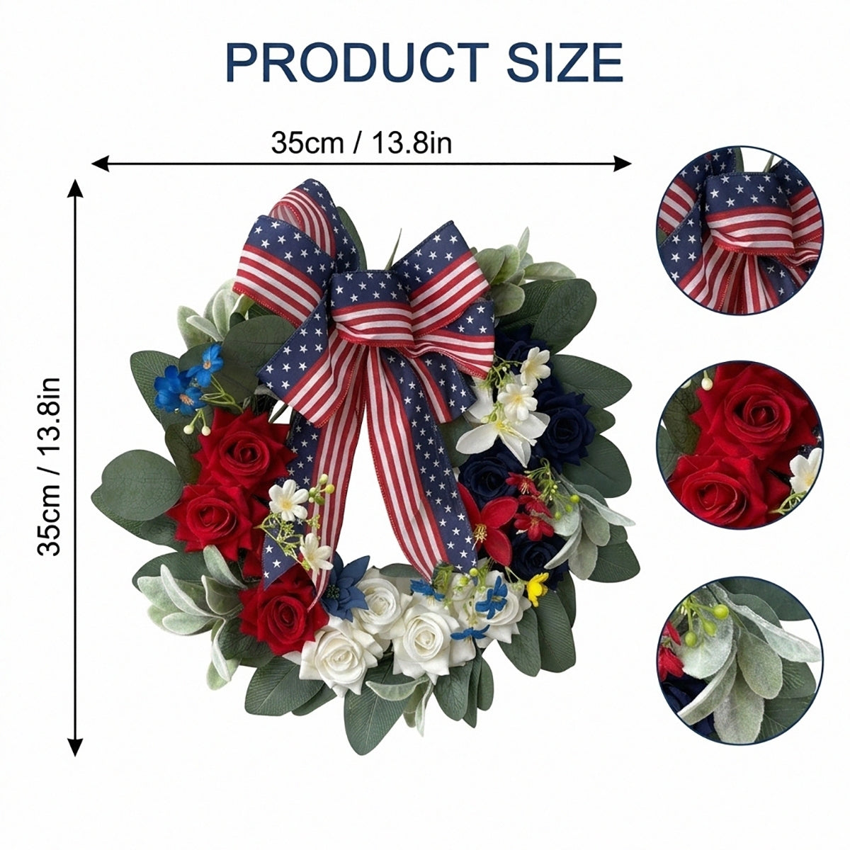 Patriotic Americana Wreath Fourth of July Front Door Decor Red White Blue Hydrangea Wreath with Flag Bow Summer Holiday Wall Art for Home Porch