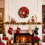 19.7-Inch Lighted Christmas Wreath with Red Bow