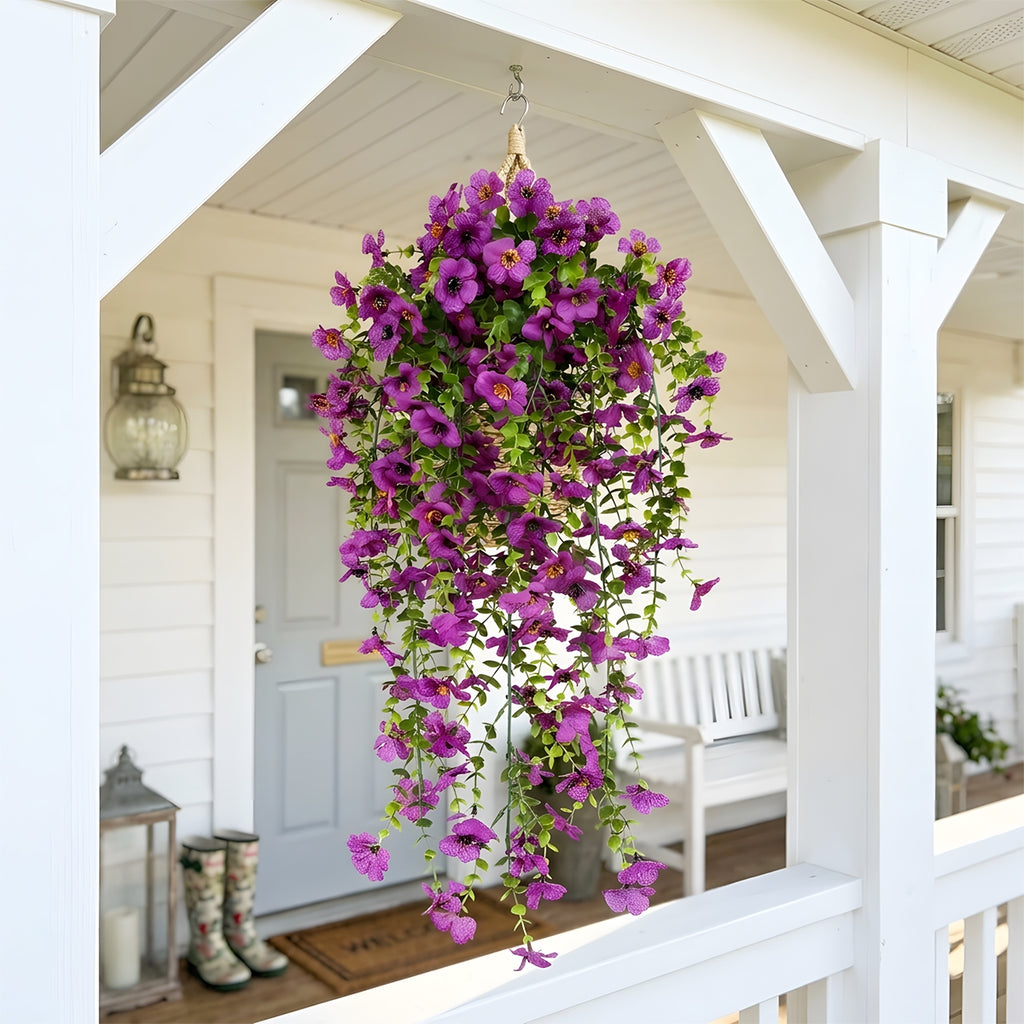 Artificial Hanging Flowers for Outdoors, Morning Glory Artificial Flowers with Eucalyptus Leaves, UV Resistant Fake Flower Realistic Faux Plants for Home Patio Porch Garden