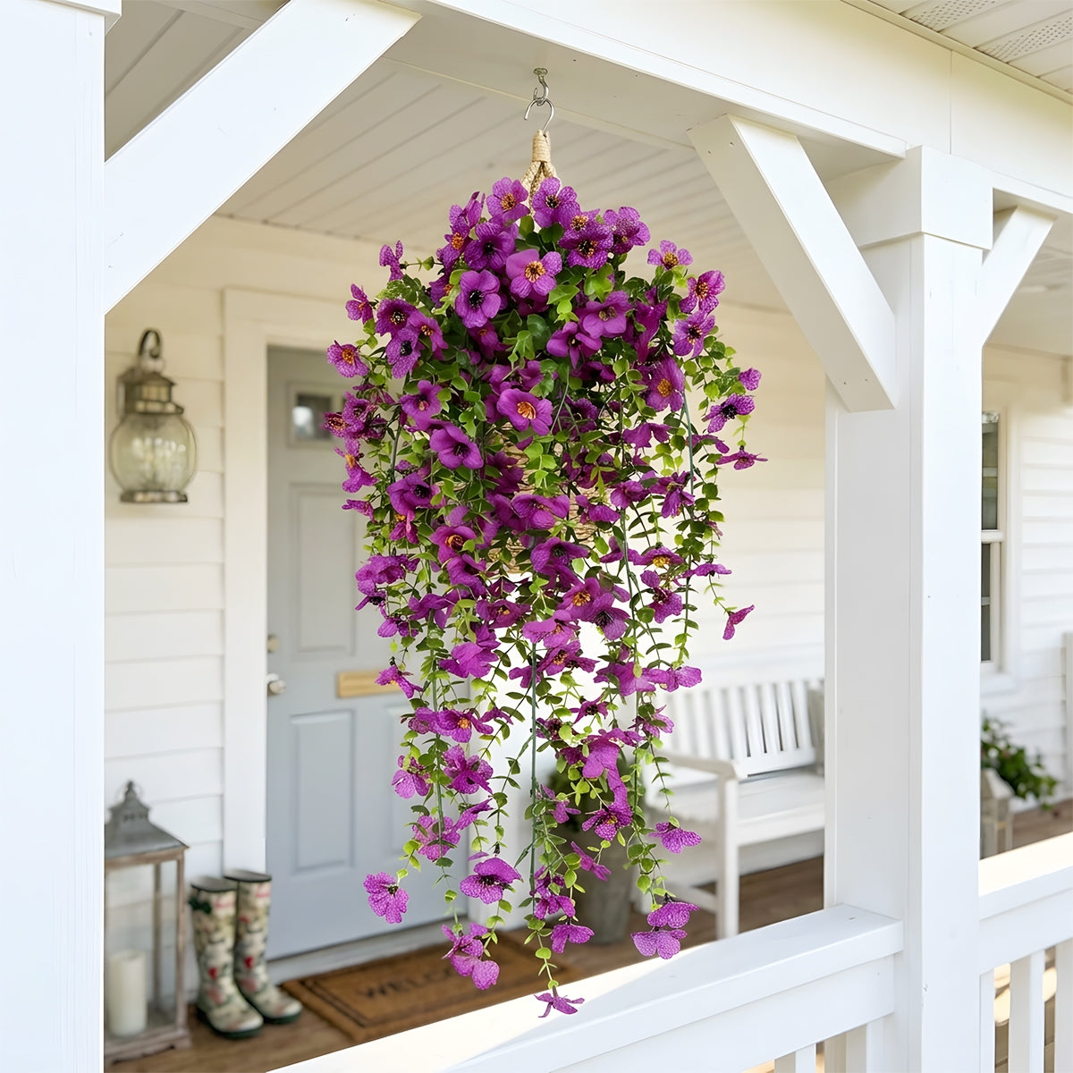 Artificial Hanging Flowers for Outdoors, Morning Glory Artificial Flowers with Eucalyptus Leaves, UV Resistant Fake Flower Realistic Faux Plants for Home Patio Porch Garden