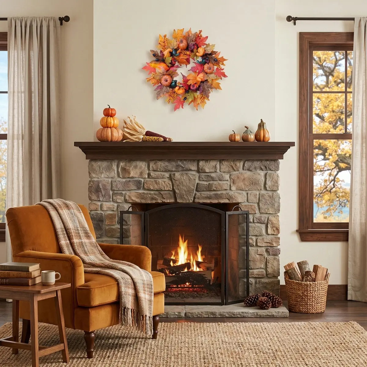Fall harvest wreath with pumpkins and maple leaves styled on a living room wall beside a lit fireplace