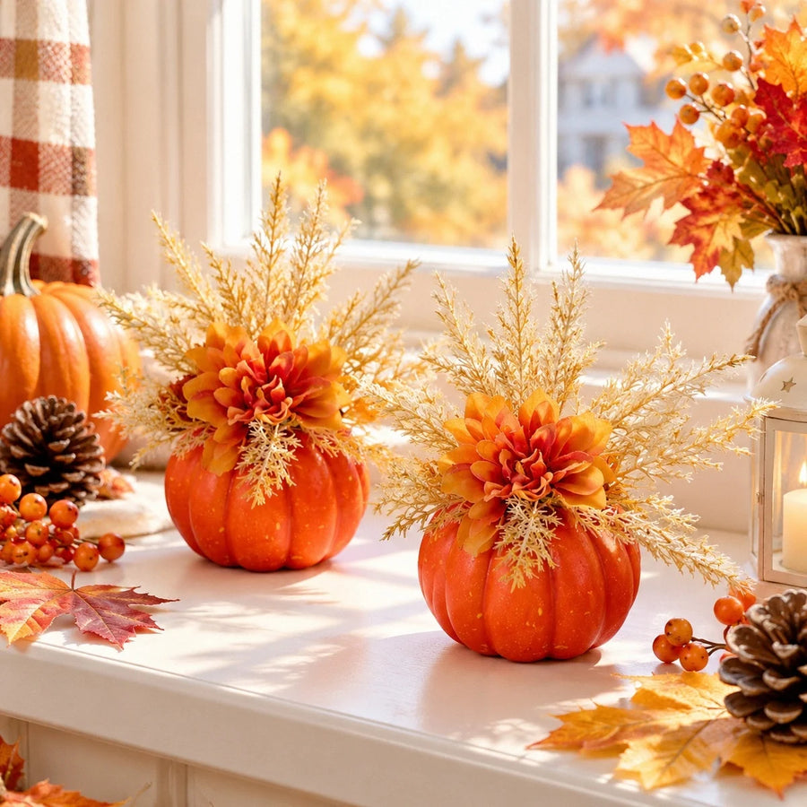 Orange Dahlia Pumpkin Table Centerpieces – Set of 2