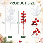 Artificial White Pine & Red Berry Picks – 50 Pcs