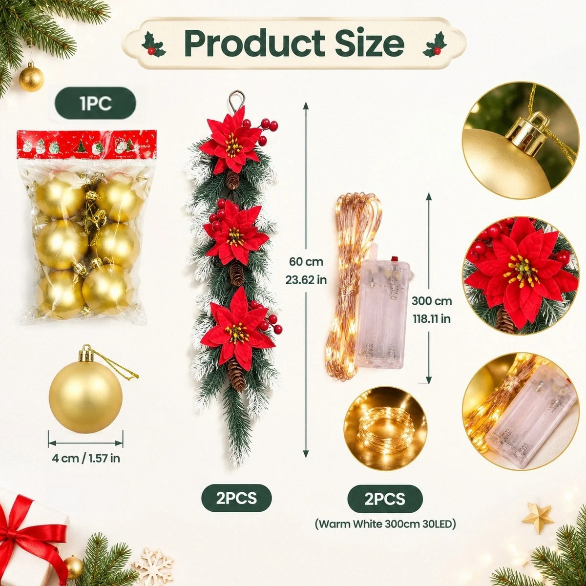 Pre-Lit Snow-Covered Christmas Hanging Arrangements – Set of 2