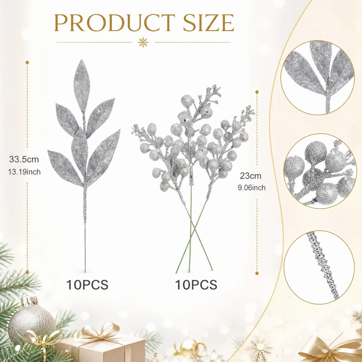 20-Piece Silver Glitter Berry & Leaf Stem Set