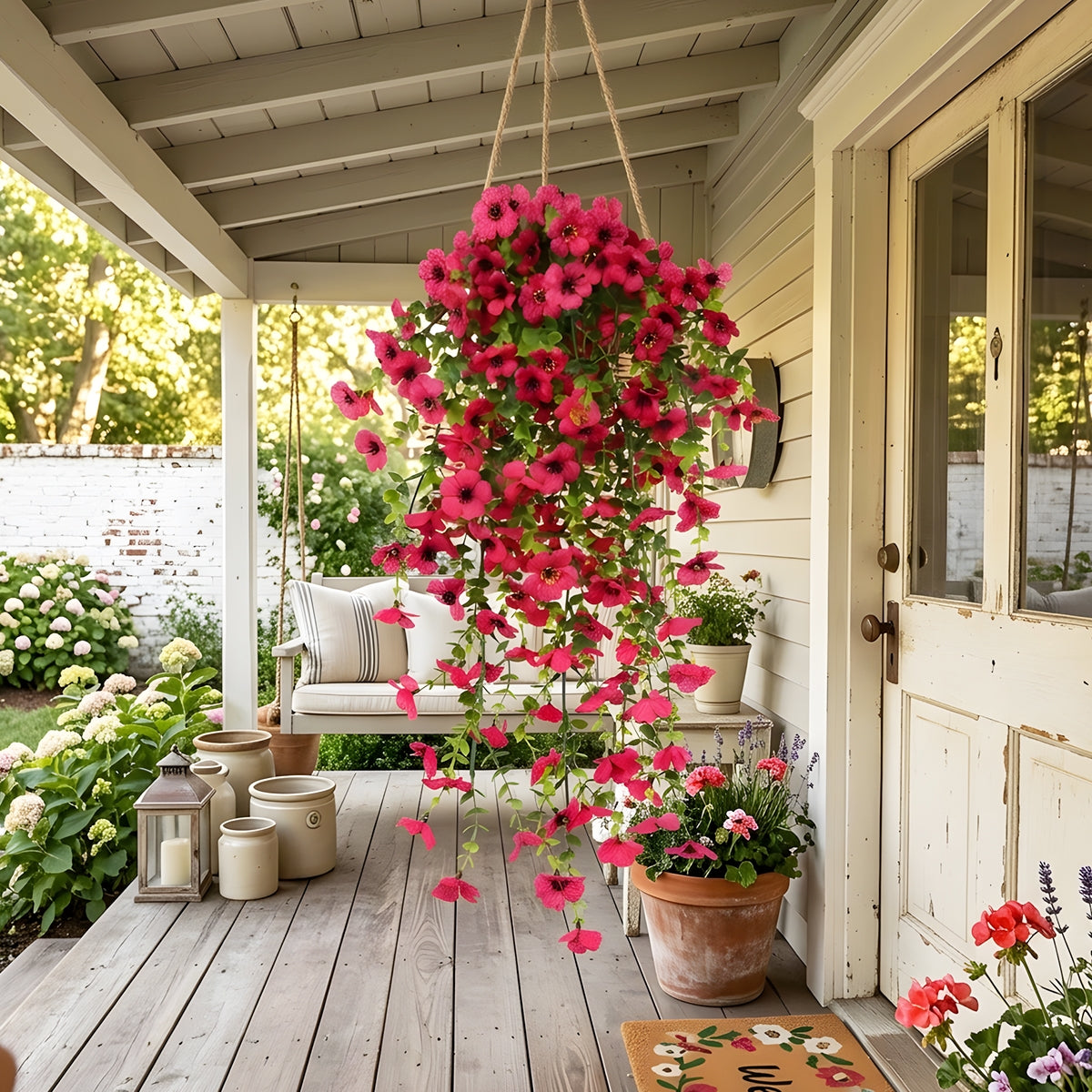 Artificial Hanging Flowers for Outdoors, Morning Glory Artificial Flowers with Eucalyptus Leaves, UV Resistant Fake Flower Realistic Faux Plants for Home Patio Porch Garden