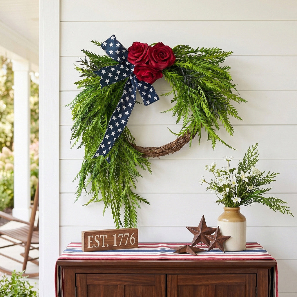 Patriotic Cascading Wreath Front Door Decor Red Rose American Flag Star Ribbon Green Foliage 4th of July Memorial Day Home Porch Wall Art