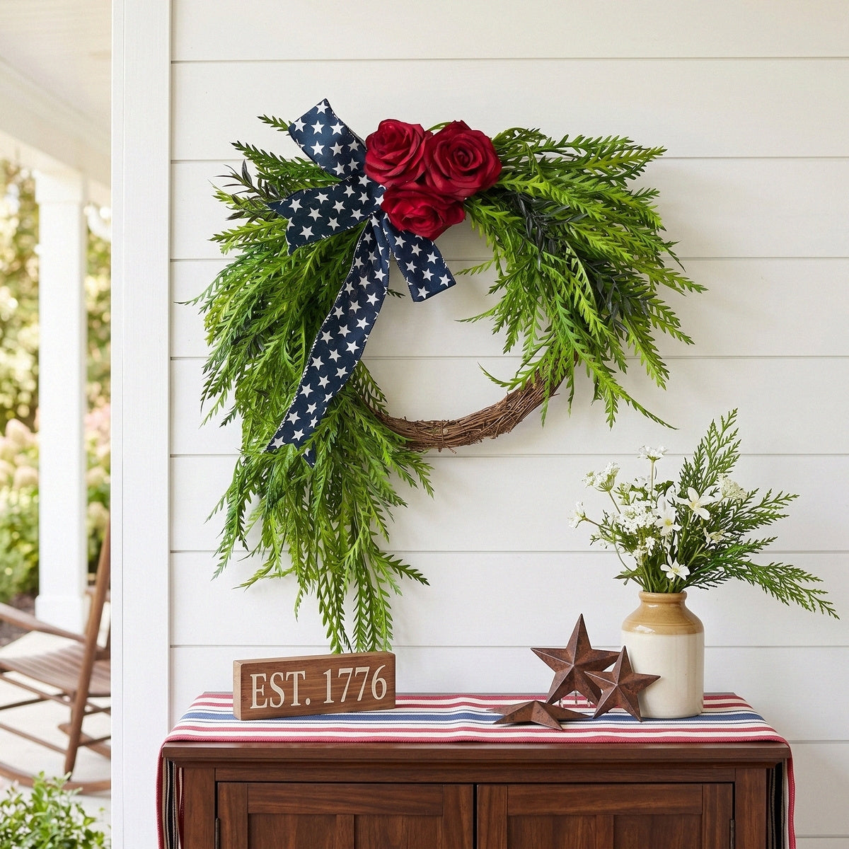 Patriotic Cascading Wreath Front Door Decor Red Rose American Flag Star Ribbon Green Foliage 4th of July Memorial Day Home Porch Wall Art