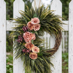 Asymmetric Pink Rose Wreath Front Door Decor Boho Fern Garland Spring Summer Home Wall Hanging Porch Art