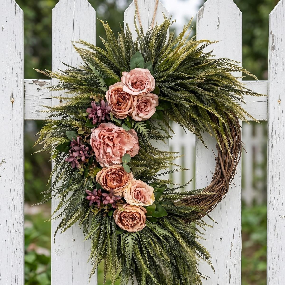 Asymmetric Pink Rose Wreath Front Door Decor Boho Fern Garland Spring Summer Home Wall Hanging Porch Art