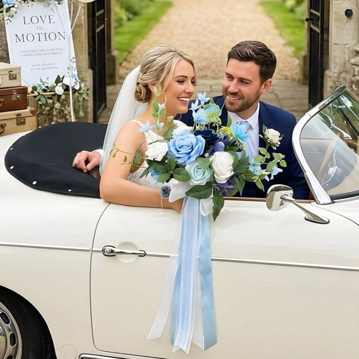 Dusty Blue & White Artificial Bridesmaid Bouquet with Ribbon | Wedding Ceremony Bridal