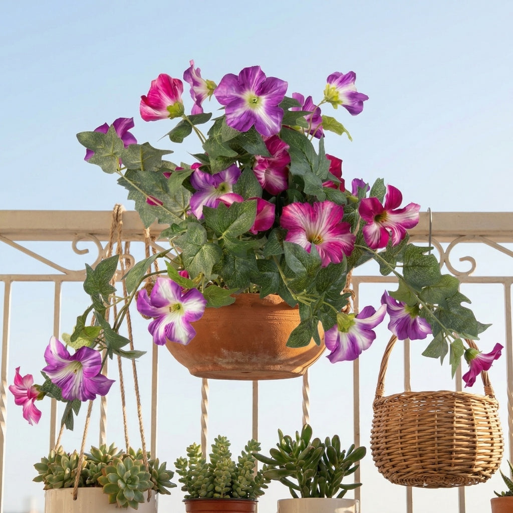 Artificial Hanging Flowers Plants with Basket for Outdoors, Artificial Petunias UV Resistant Petunias Fake Flowers for Outdoor Garden Porch Balcony Decoration