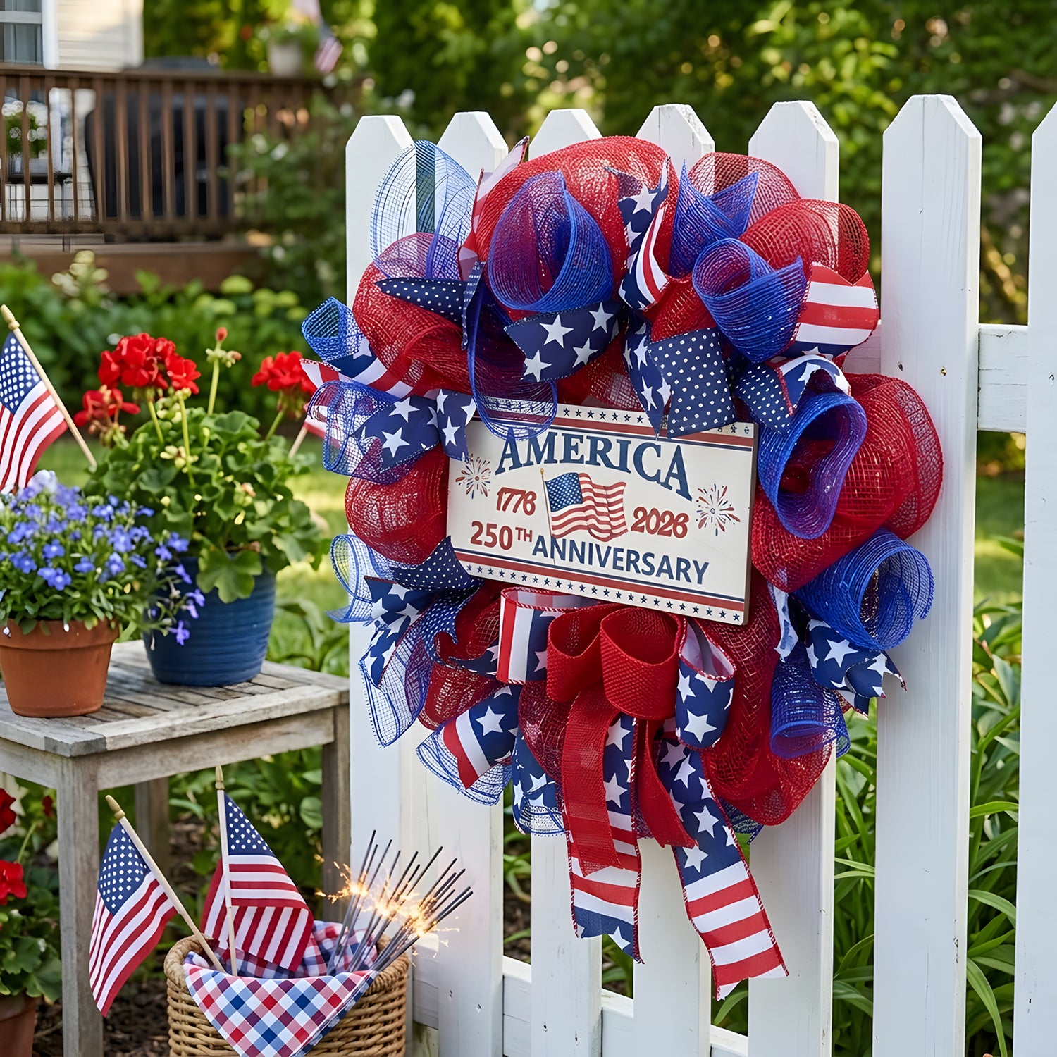 4th of July Patriotic Flag Wreath | Front Door Window Wall Independence Day Decor