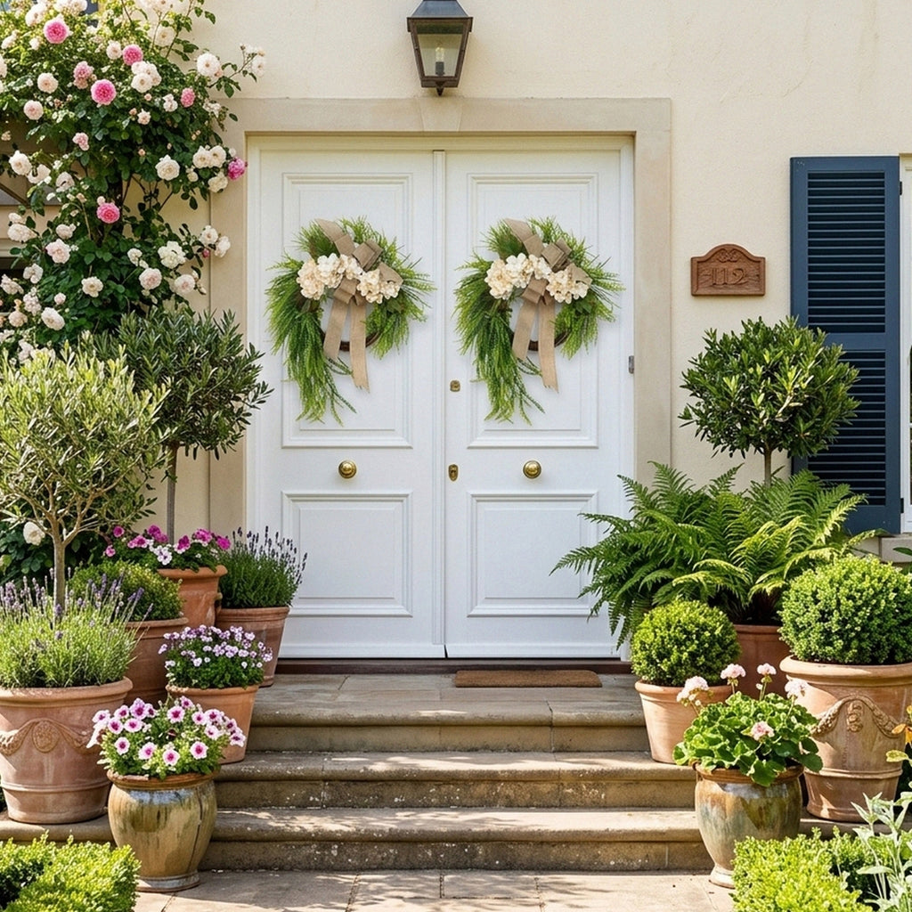 Farmhouse Front Door Wreath with Burlap Bow, Cream Hydrangea & Green Fern | 20in Spring Summer Home Wall & Porch Decor