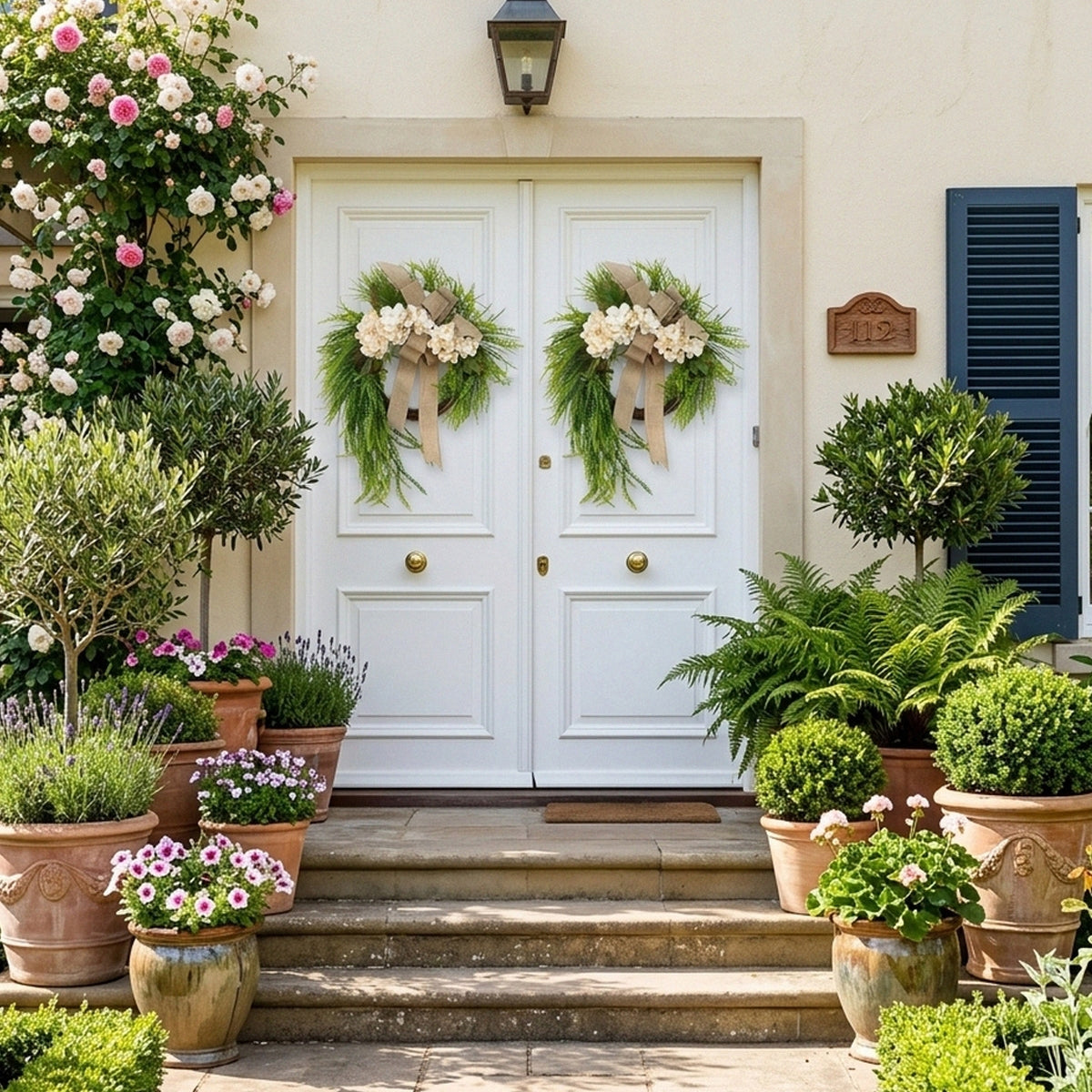 Farmhouse Front Door Wreath with Burlap Bow, Cream Hydrangea & Green Fern | 20in Spring Summer Home Wall & Porch Decor