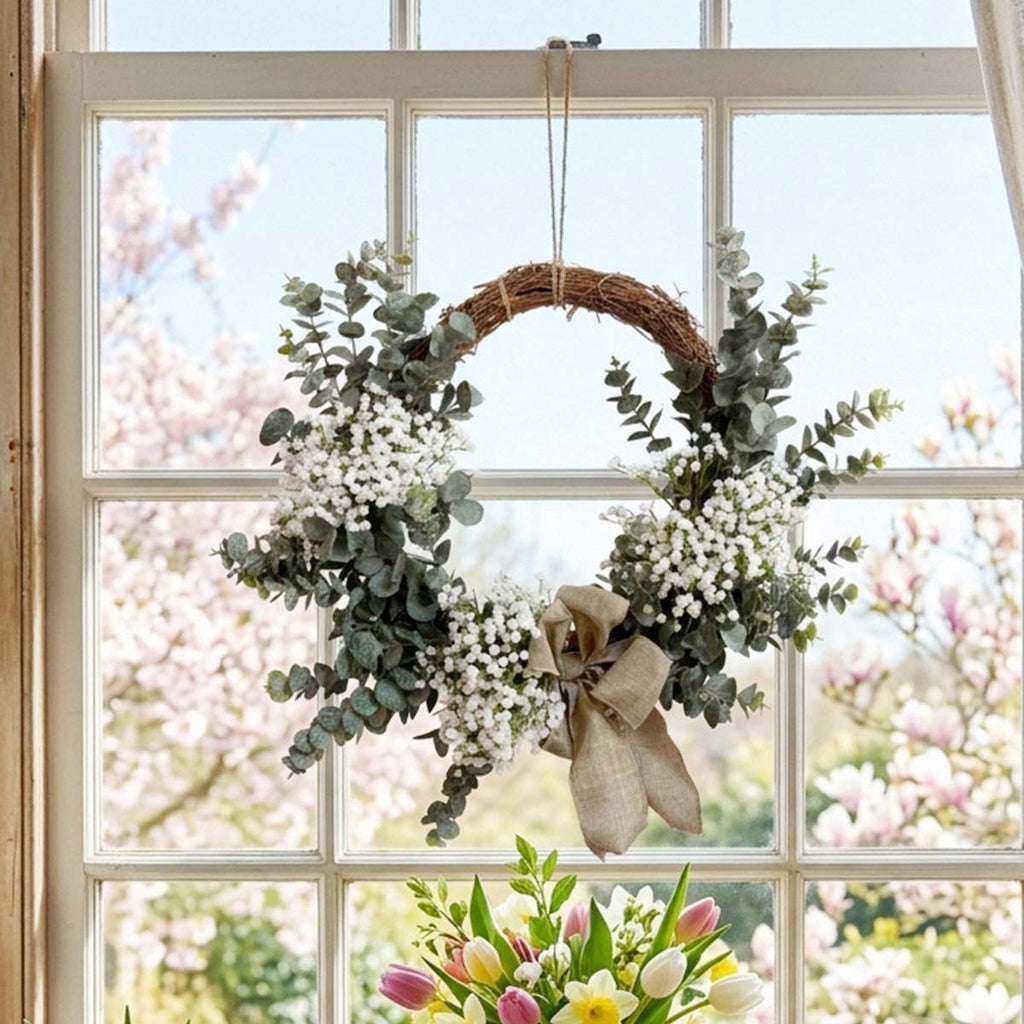Farmhouse Eucalyptus Wreath with Burlap Bow & White Baby's Breath for Front Door Porch Wall Living Room & Bedroom Decor