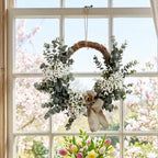 Farmhouse Eucalyptus Wreath with Burlap Bow & White Baby's Breath for Front Door Porch Wall Living Room & Bedroom Decor