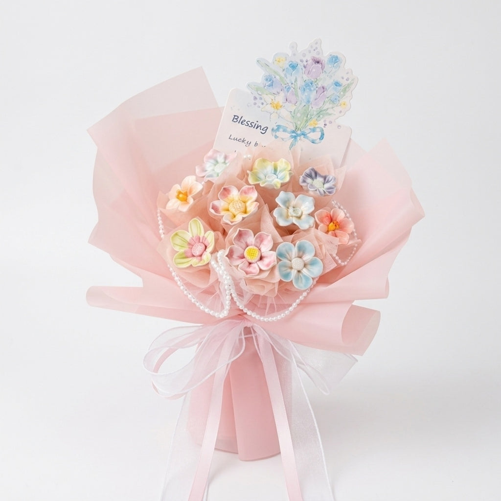 DIY mini ceramic flower bouquet material kit with pearl chain and gift packaging for birthdays Mother's Day and Valentine's Day handmade gifts