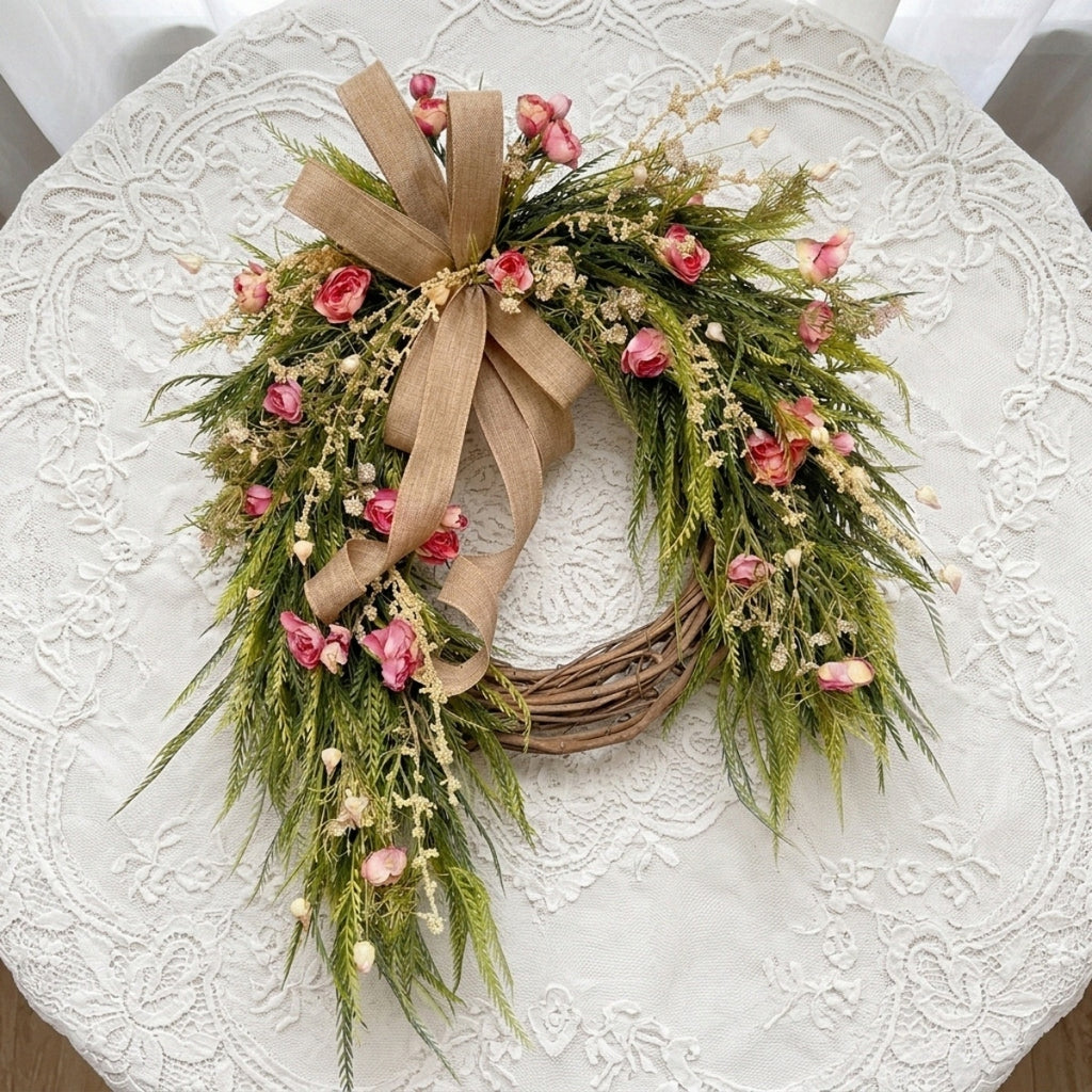 Flower Wreath with Burlap Bow, Artificial Spring and Summer for Front Door Wreath Pink Peony Wreath Garden Party Home Wall Wedding Decor