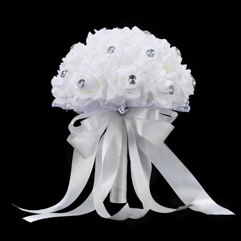 Crystal Diamond Rose Bridal Bouquet | Wedding Bride Bridesmaid Church & Party in Ivory White