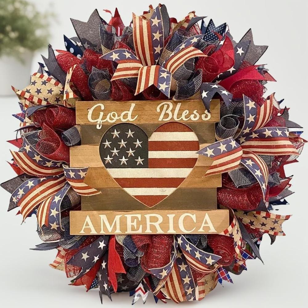 4th Of July Wreath For Front Door, Patriotic American Flag Burlap Design, Independence Day Decoration, Red White Blue Farmhouse Ornament