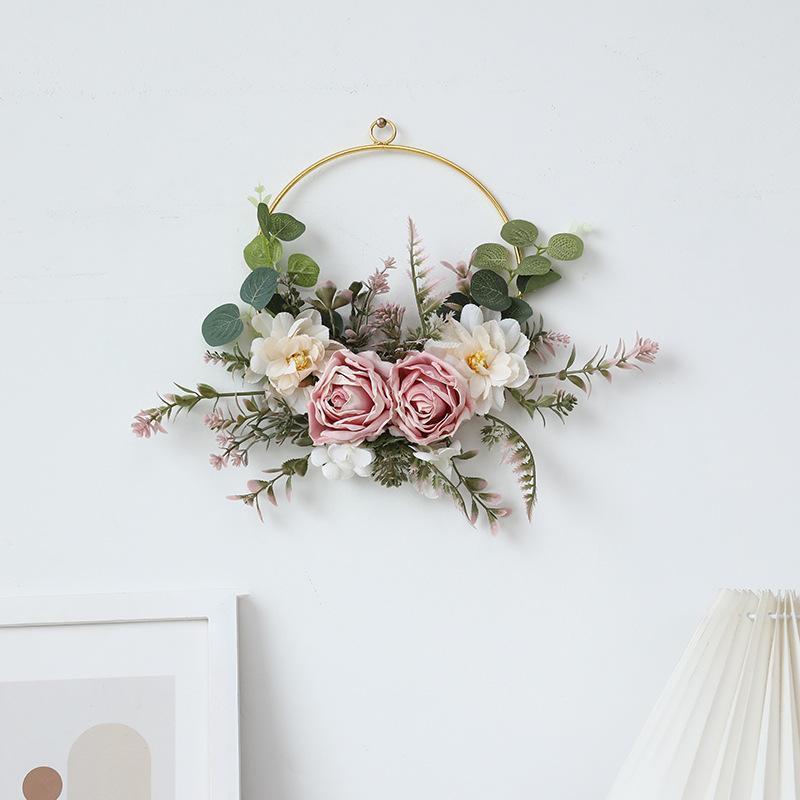 Iron Rose Wreath Simulation Flower Wall Hanging Basket | Home Door Entryway Wedding Decor in Pink White