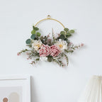 Iron Rose Wreath Simulation Flower Wall Hanging Basket | Home Door Entryway Wedding Decor in Pink White