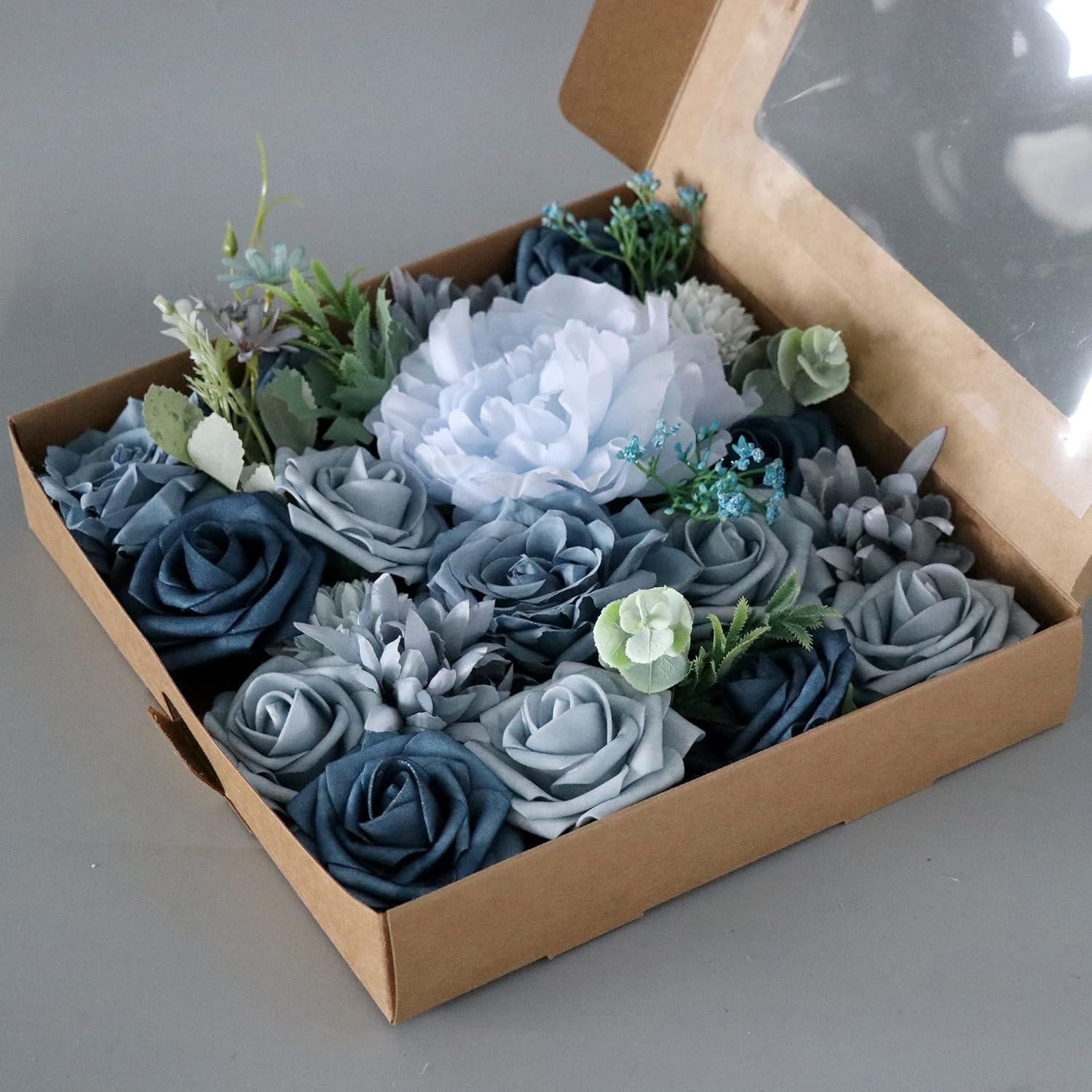 Bulk artificial navy blue flowers with stems in full arrangement