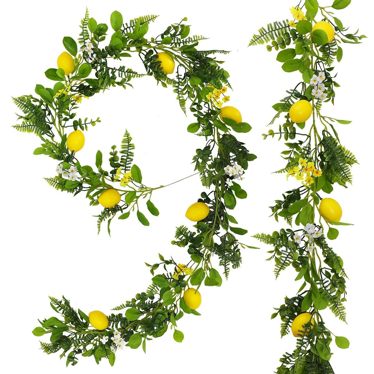 Artificial lemon garland with fairy lights greenery vine and white yellow flowers for home garden and wedding decor
