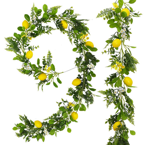 Artificial lemon garland with fairy lights greenery vine and white yellow flowers for home garden and wedding decor
