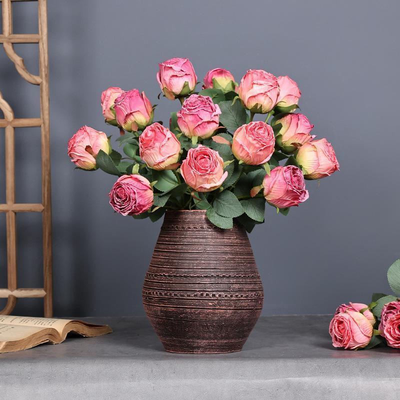 Burnt Edge Real Touch Rose Simulation Flowers | Living Room Dining Table Wreath Crafts Valentine's Day Decor in White Champagne Orange Pink