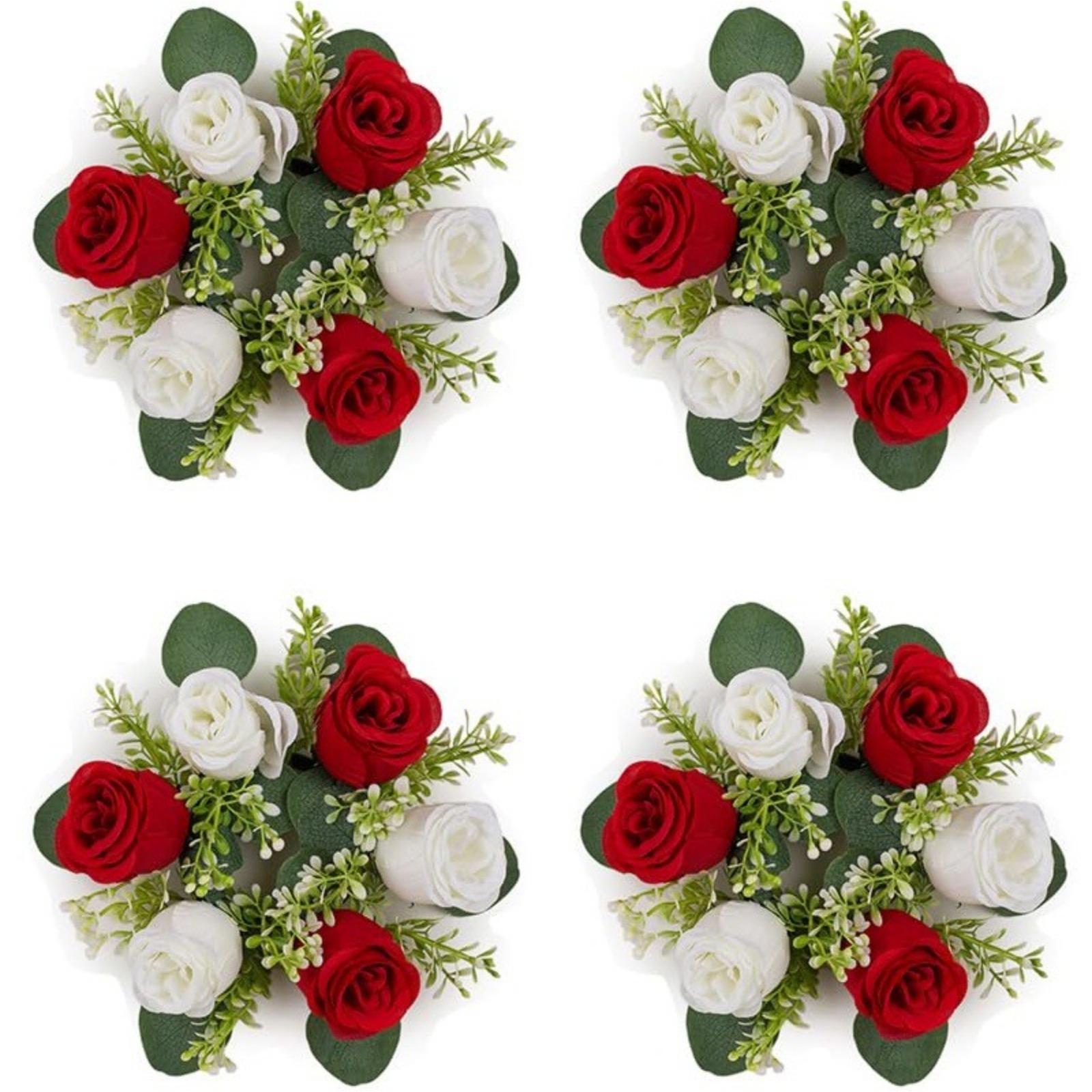 Artificial Flowers Candle Rings: 4 Pcs 14 Inch Diam Large Dusty Rose & White Roses Wreath Wedding Centerpieces for Tables Spring Summer Wreath for Front Door Weddings Party Ceremony Decor