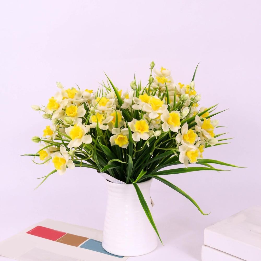 Artificial Daffodils Flowers 5 Bundles | Faux Spring Blooms for Wedding Home Garden & Photography Decor in Yellow Beige
