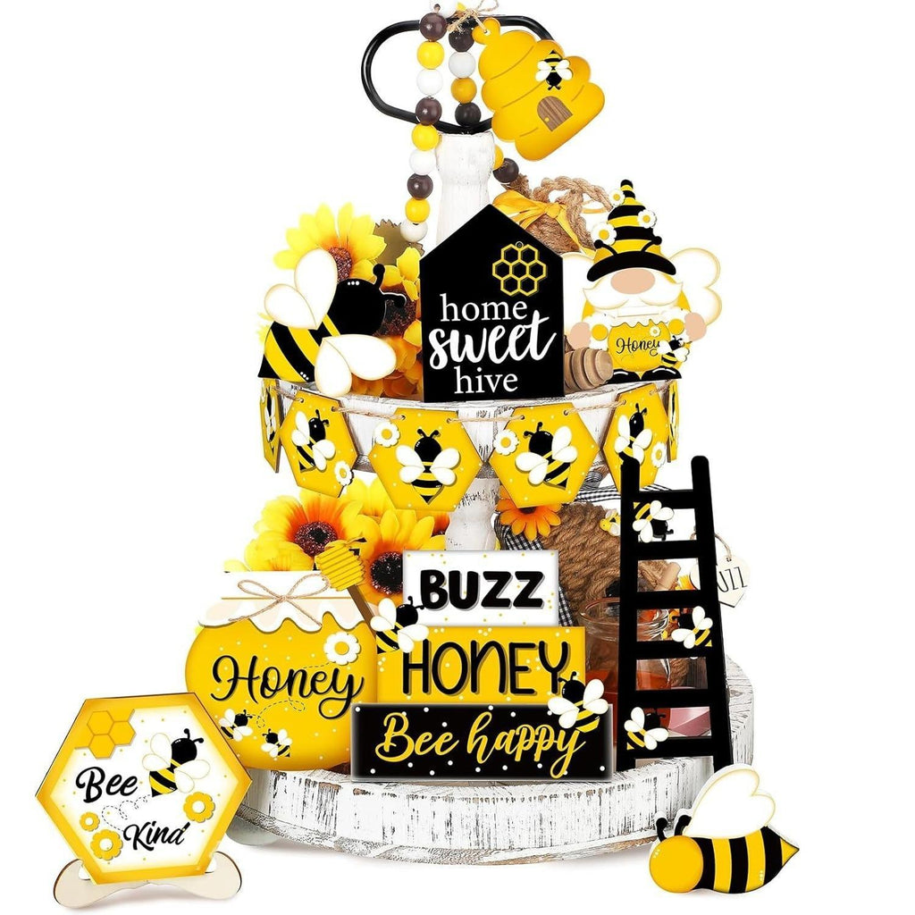 Summer Tiered Tray Decor Set | Honey Bee Gnome Wooden Signs & Yellow Truck for Farmhouse Kitchen Home Party