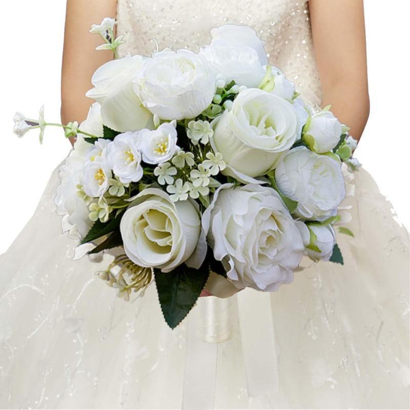 Artificial Rose Bridal Bridesmaid Bouquet | Wedding Church Valentine's Day in Champagne White