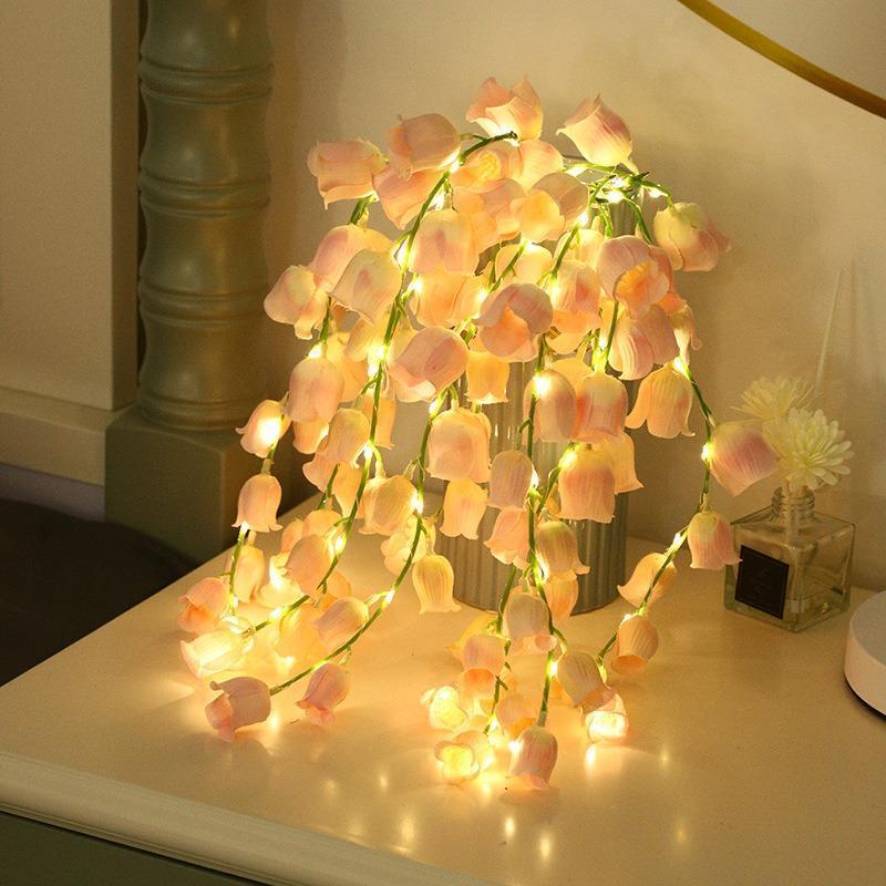 LED Lily of the Valley Bouquet Night Light | 10 Artificial Stems Bedroom Home Decor Romantic Gift in Pink & Red