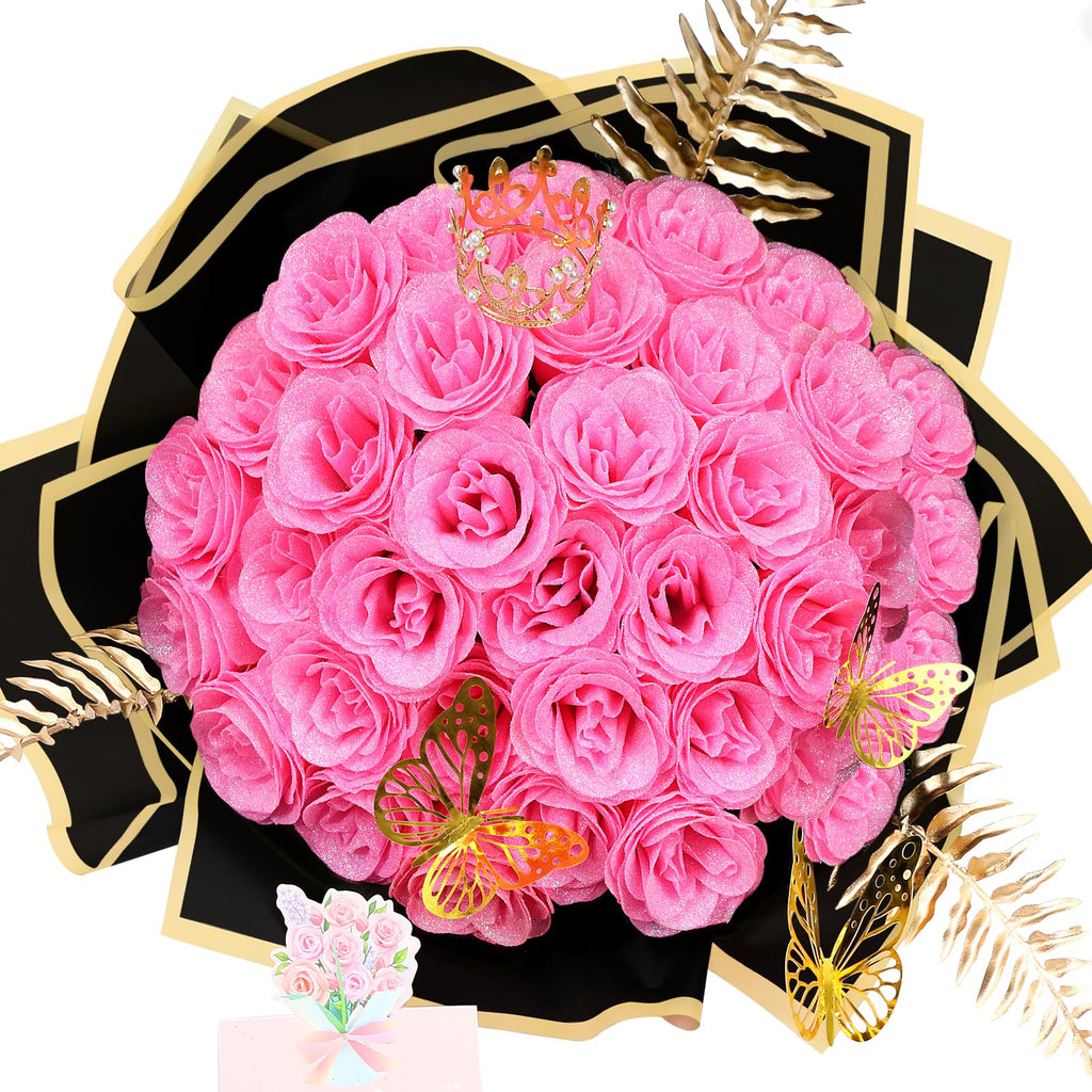 DIY Glitter Rose Bouquet Gift Set 24pcs | Graduation Birthday Gift with Stickers Ribbons Butterflies Crown in 7 Colors (Assembly Required)