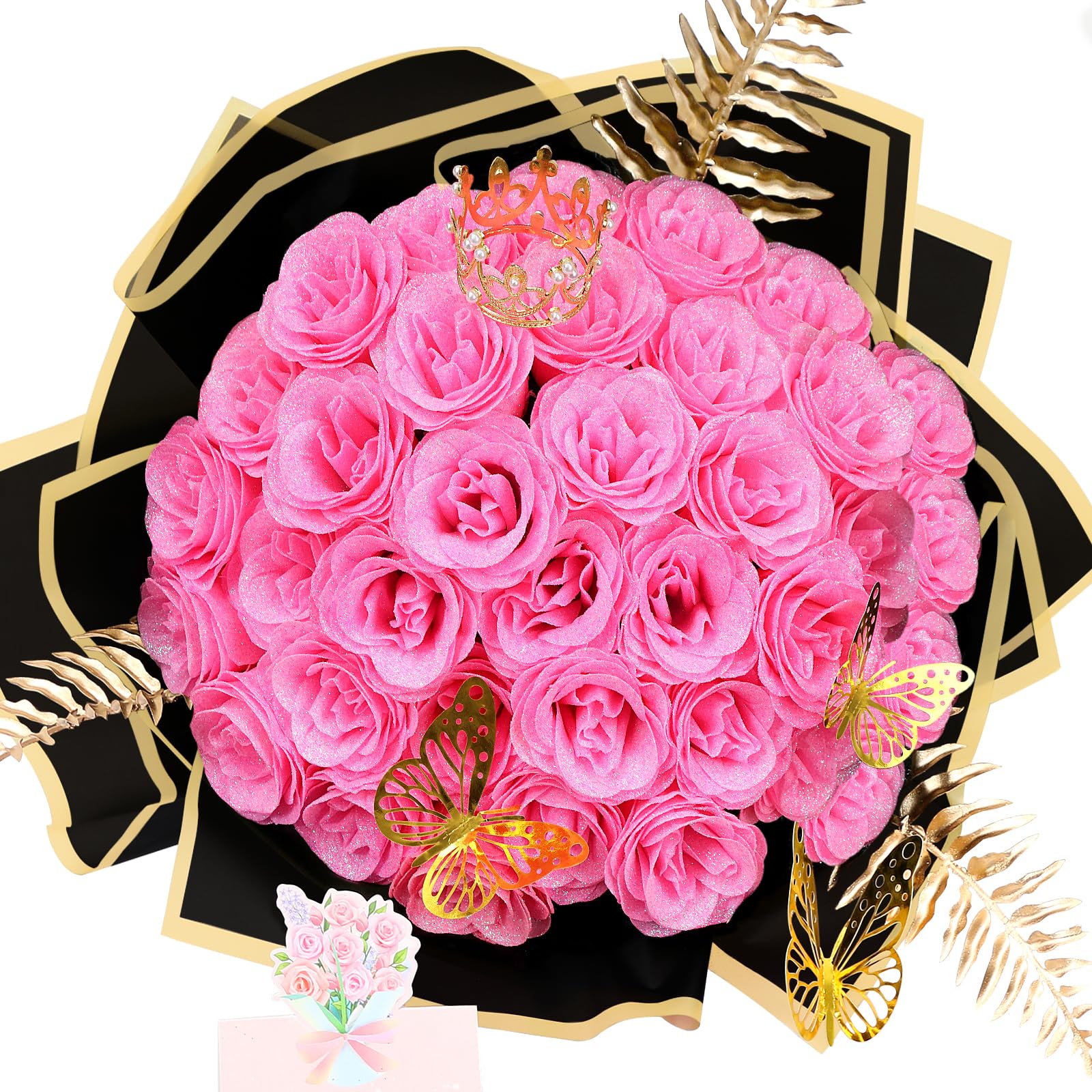 DIY Glitter Rose Bouquet Gift Set 24pcs | Graduation Birthday Gift with Stickers Ribbons Butterflies Crown in 7 Colors (Assembly Required)