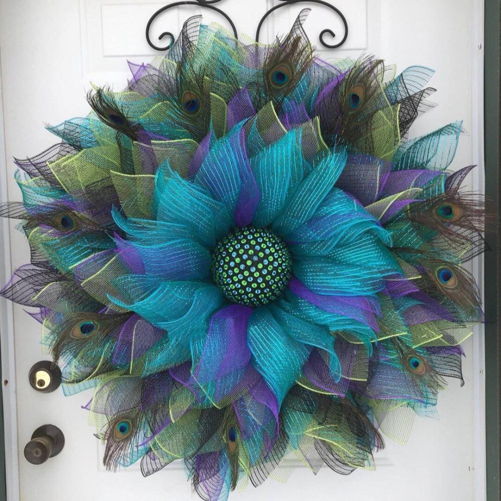Blue Faux Plume Hanging Wreath | Rustic Boho Festival Ornament for Home Door Wall Wedding & Party Decor
