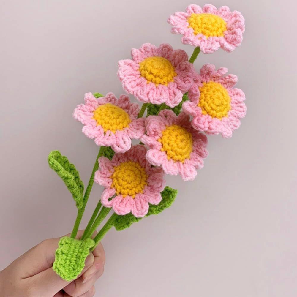 Handmade Crochet Sunflower Daisy Artificial Flowers 6pcs | Flocked Daisy Bouquet for Wedding Bedroom Centerpiece & DIY Decor in Pink White Purple Blue