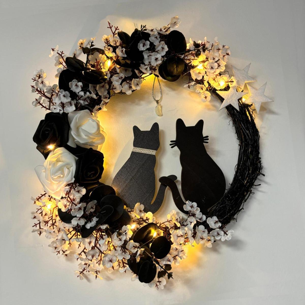 Halloween Black Cat Moon Wreath with Rose Flowers | Front Door Wall Window & Party Decor in White Orange Purple