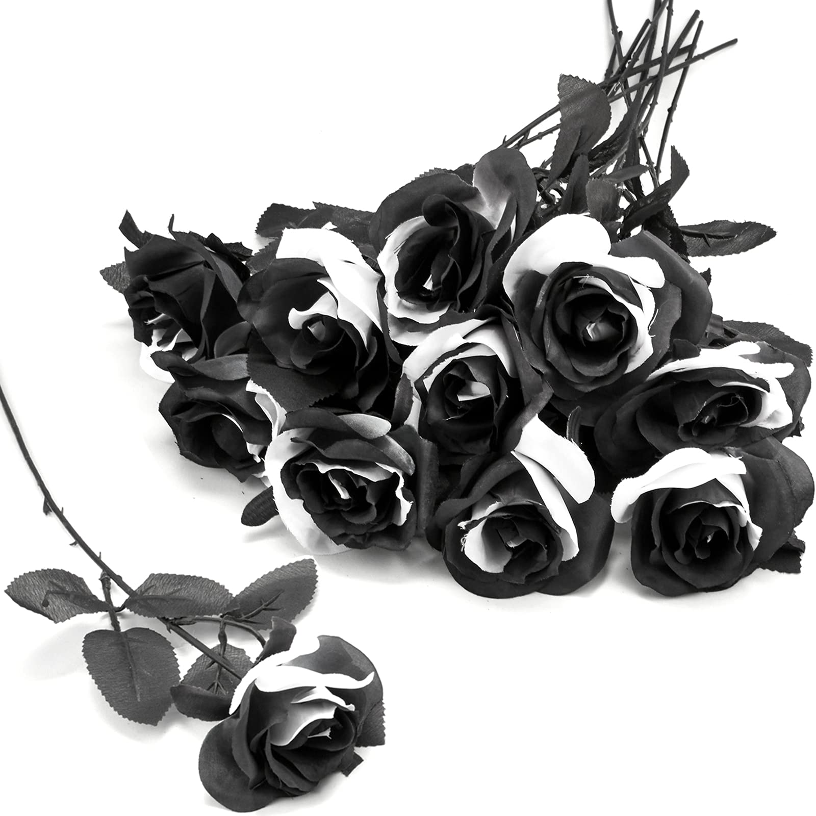 Black & White Artificial Roses with Stems | 10PCS Gothic Wedding Halloween Decor